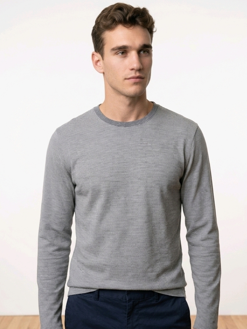 BANANA REPUBLIC Men's Long Sleeve Striped Comfy 100% Cotton Tee, Gray Sz L